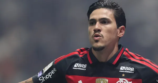 Pedro jogador do Flamengo comemora seu gol durante partida contra o Atlético-MG no estádio Arena MRV pelo campeonato Brasileiro A 2026. Foto: Gilson Lobo/AGIF