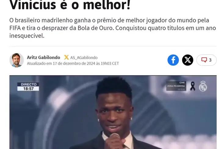 Jornal AS noticia o prêmio de melhor do mundo a Vinicius Junior