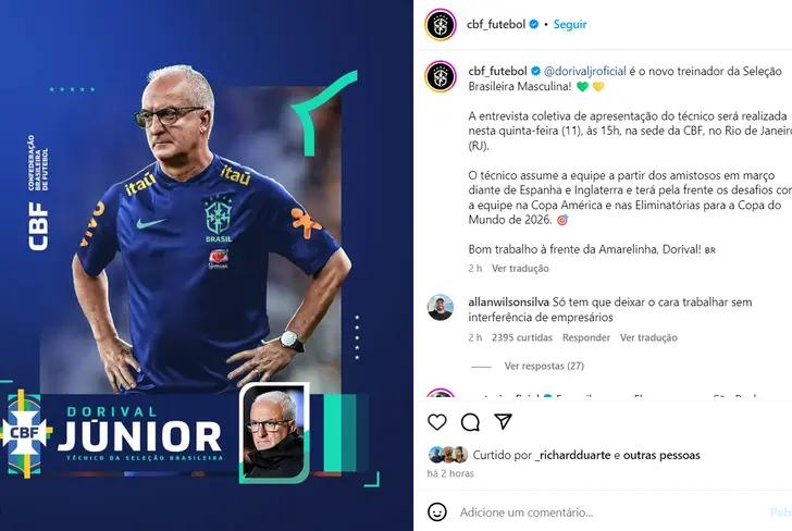 Anúncio de Dorival Jr no Instagram da CBF