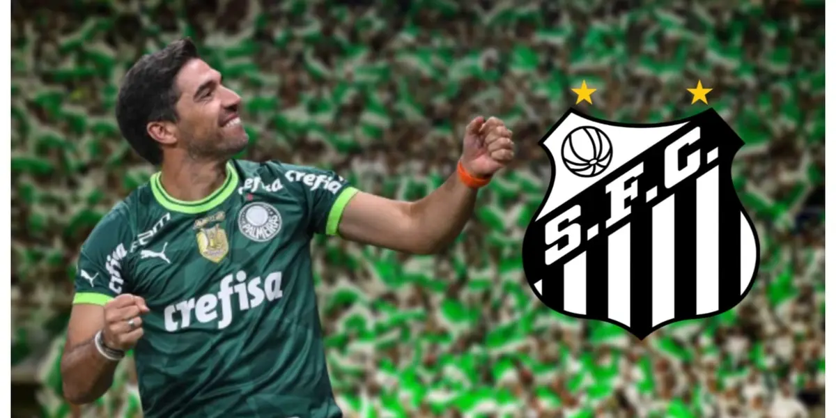 Abel Ferreira com a camisa do Palmeiras e o escudo do Santos