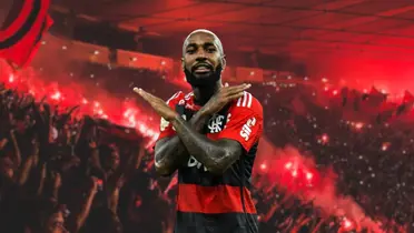 Ao fundo a festa da torcida do Flamengo, a frente o meio-campo Gerson fazendo a sua comemoração