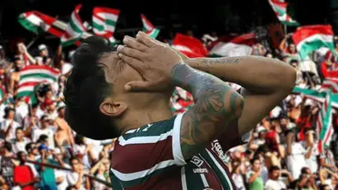 Ao fundo, a torcida do Fluminense, em primeiro plano, Germán Cano decepcionado 
