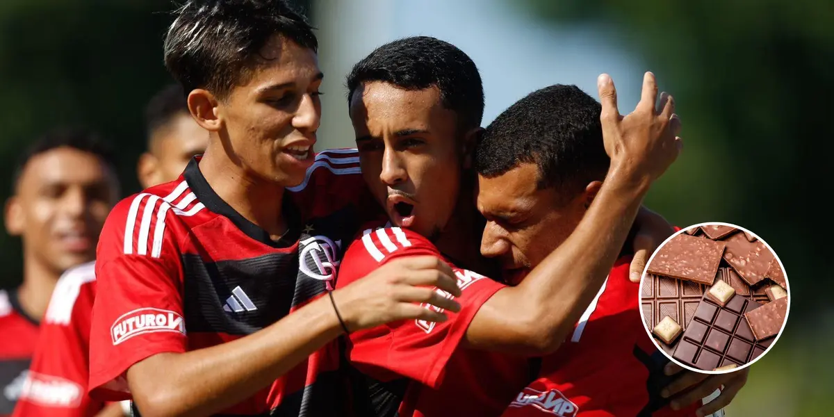 Jogadores da base do Flamengo comemoram gol marcado em partida do clube