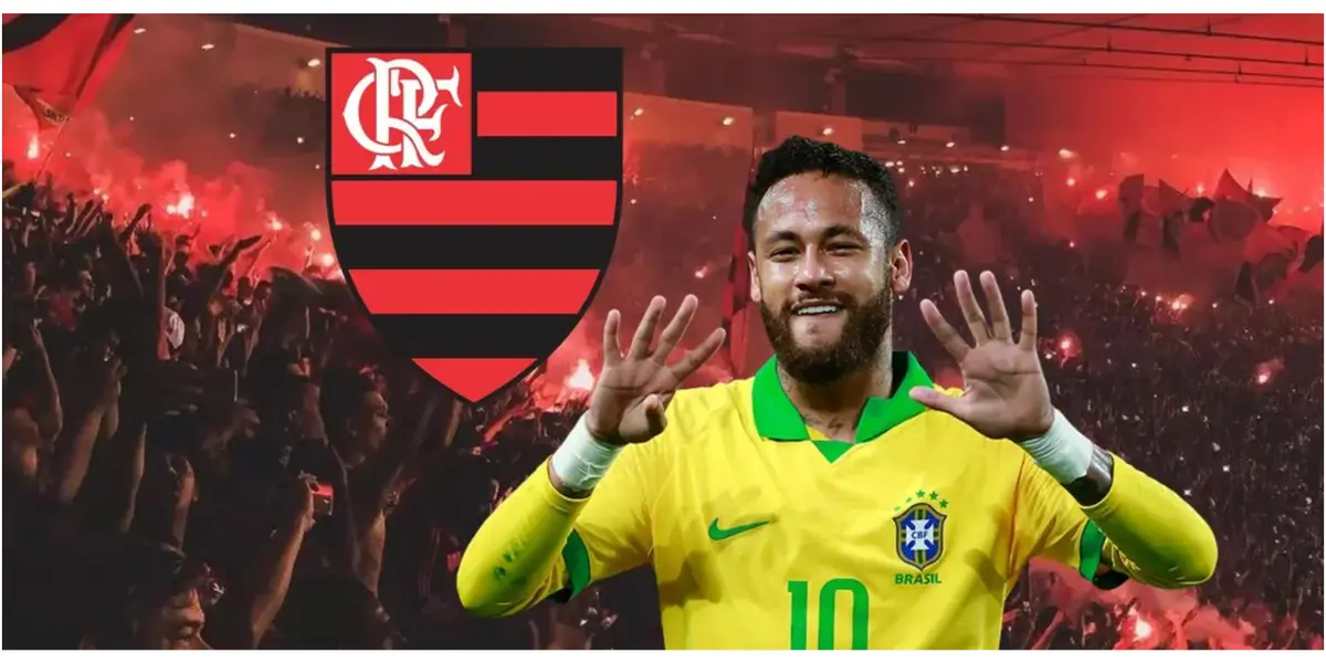 Neymar com a camisa da Seleção Brasileira e do lado o escudo do Flamengo
