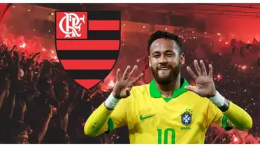 Neymar com a camisa da Seleção Brasileira e do lado o escudo do Flamengo