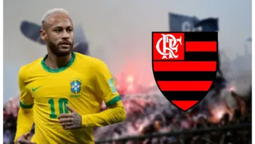 Neymar com a camisa do Brasil e do lado o escudo do Flamengo