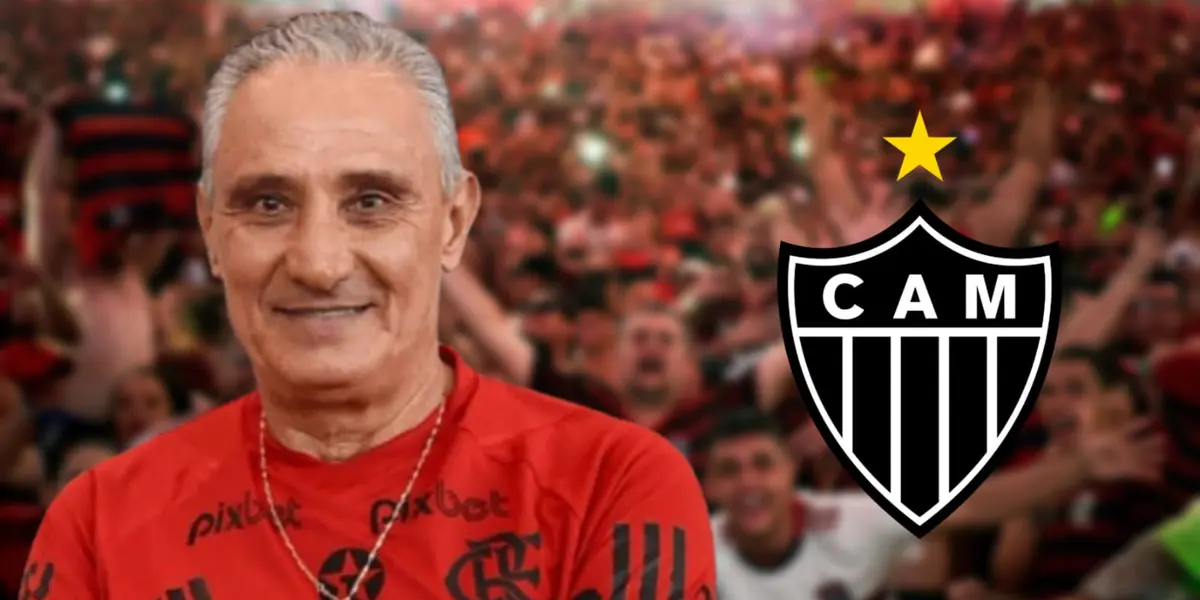 Tite com a camisa do Flamengo e do lado o escudo do Atlético-MG