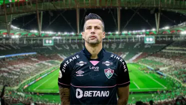 Torcida do Fluminense ao fundo com uma imagem do goleiro Fábio antes da partida do Flu