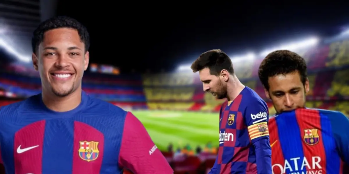 Vitor Roque, Neymar e Lionel Messi, ambos com a camisa Barcelona