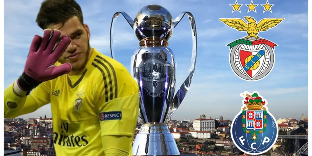 Ederson com a camisa do Benfica e os escudos do Benfica e do Porto