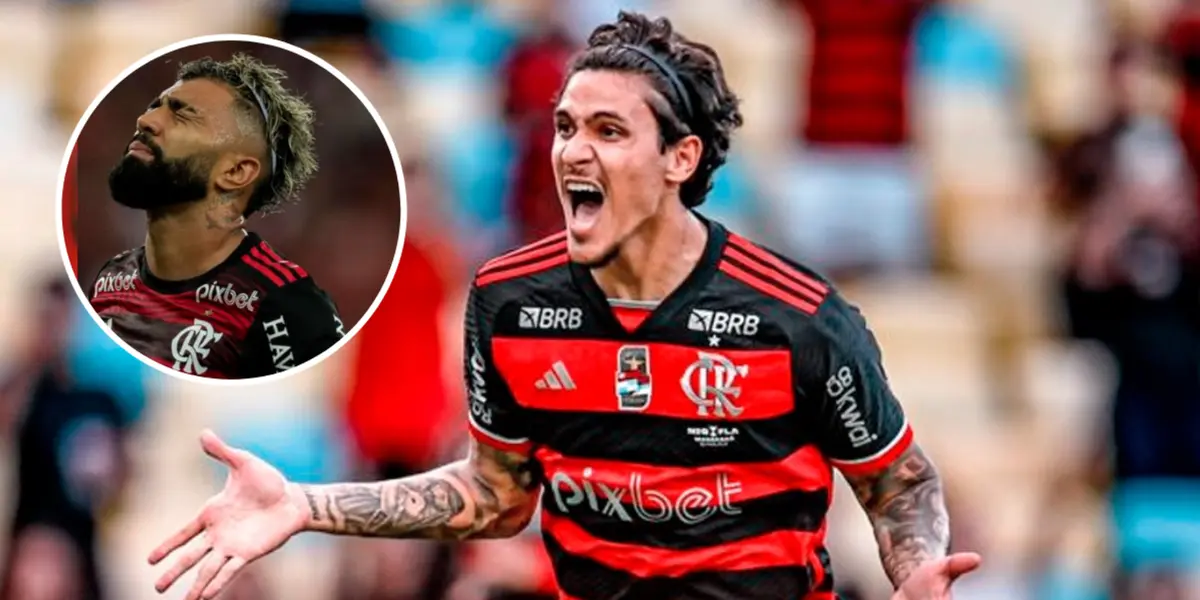 Gabigol e Pedro com a camisa do Flamengo dentro de campo