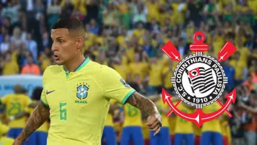 Guilherme Arana com a camisa da Seleção Brasileira e o escudo do Corinthians