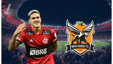 Pedro com a camisa do Flamengo e o escudo do Nova Iguaçu