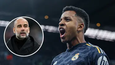 Pep Guardiola no Manchester City e Rodrygo comemorando pelo Real Madrid