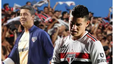 Thiago Carpini com a camisa do São Paulo e James Rodríguez com a camisa do São Paulo