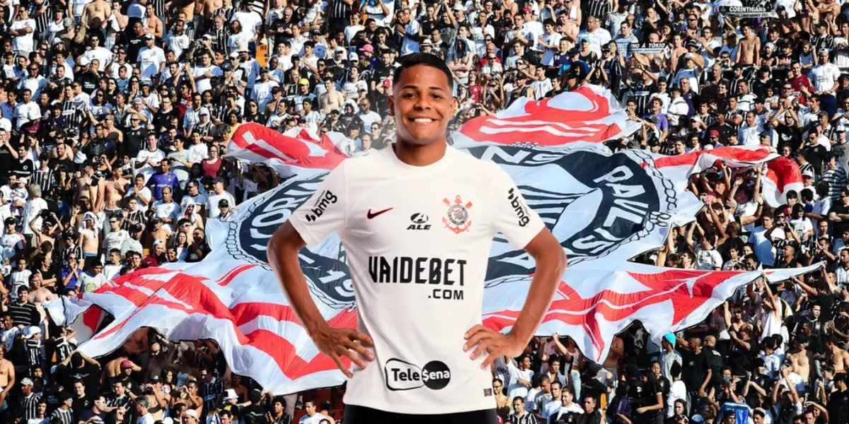 Wesley com a camisa do Corinthians e a Fiel Torcida ao fundo da