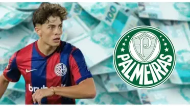 Agustín Giay com a camisa do San Lorenzo e do lado o escudo do Palmeiras