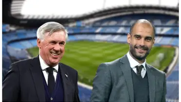 Ancelotti com um terno e Pep Guardiola com terno