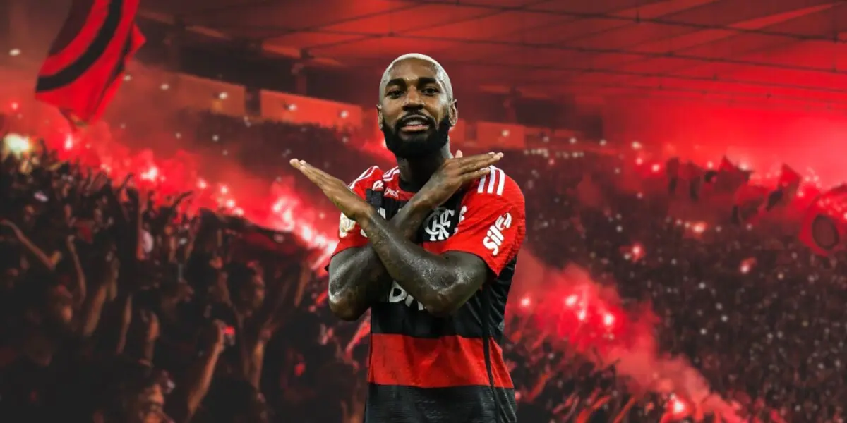 Ao fundo a festa da torcida do Flamengo, a frente o meio-campo Gerson fazendo a sua comemoração