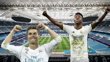 Cristiano Ronaldo e Vini Jr vestidos de Real Madrid no Santiago Bernabéu.