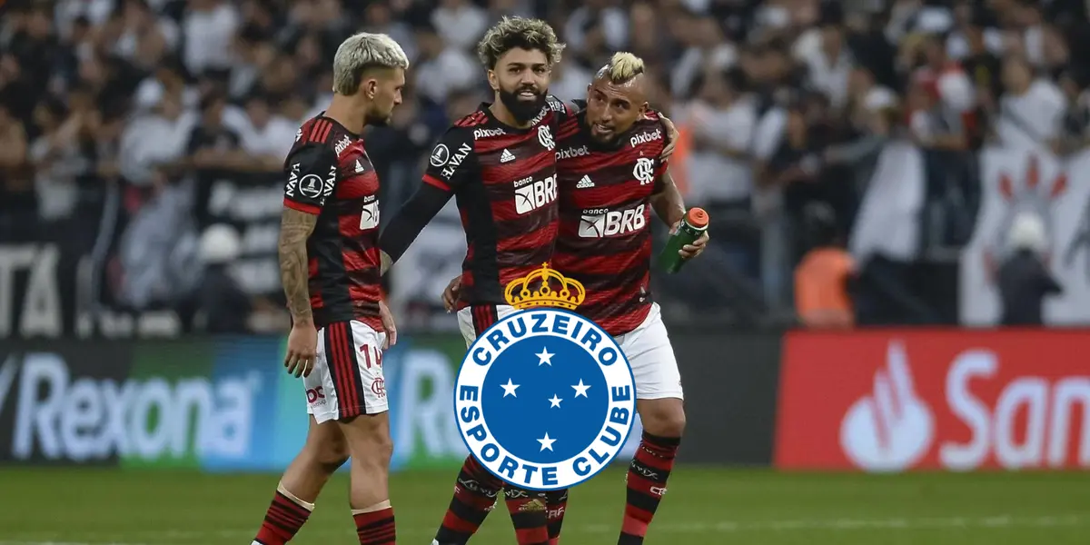 Da esquerda para a direita, Arrascaeta, Gabigol e Arturo Vidal com a camisa do Flamengo