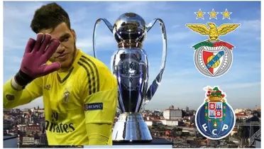 Ederson com a camisa do Benfica e os escudos do Benfica e do Porto