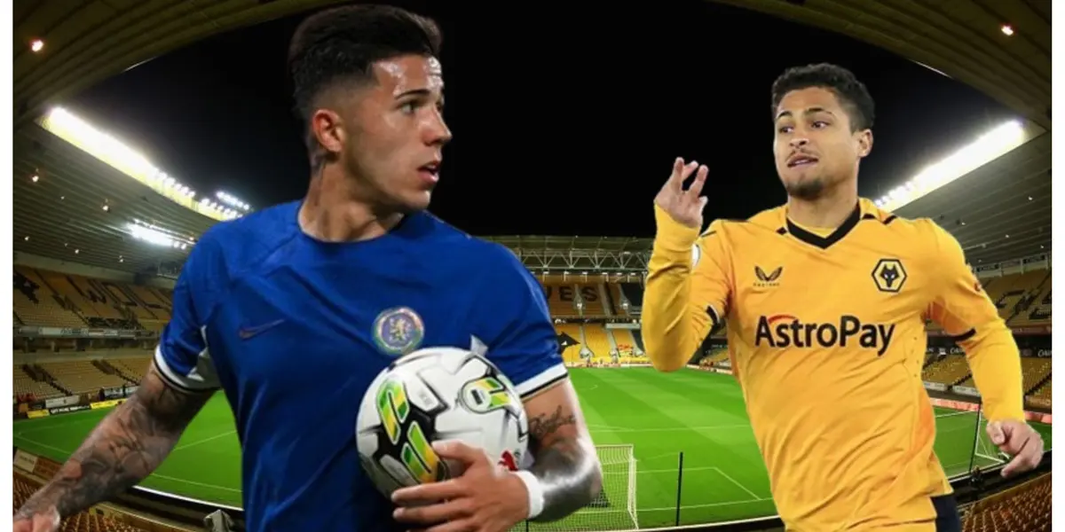 Enzo Fernandez com a camisa do Chelsea e João Gomes com a camisa do Wolves