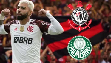 Gabigol com a camisa do Flamengo e os escudos do Corinthians e Palmeiras