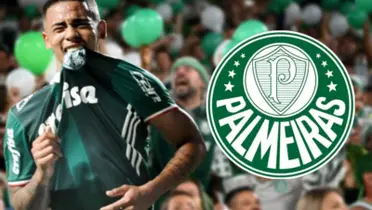 Gabriel Jesus com a camisa do Palmeiras e do lado o escudo do Palmeiras