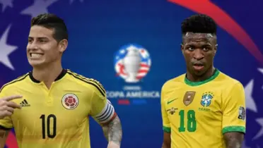 James Rodríguez com a camisa da Colômbia e Vinicius Júnior com a camisa do Brasil