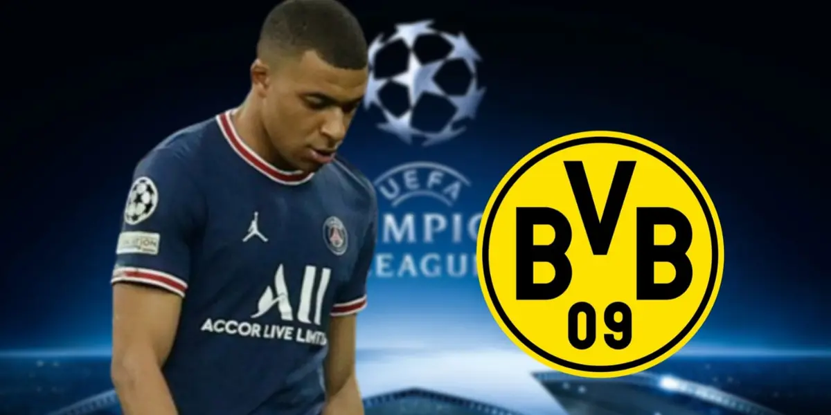 Mbappé triste com a camisa do PSG e o escudo do Borussia Dortmund