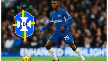 Moisés Caicedo com a camisa do Chelsea e o escudo da CBF