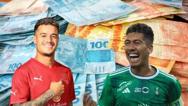 Philippe Coutinho e Roberto Firmino com fundo de dinheiro.