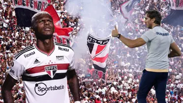 Robert Arboleda e Luis Zubeldía com a torcida do São Paulo