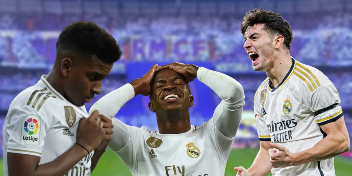 Rodrygo, Vini e Brahim com a camisa do Real Madrid