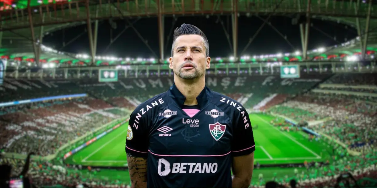 Torcida do Fluminense ao fundo com uma imagem do goleiro Fábio antes da partida do Flu