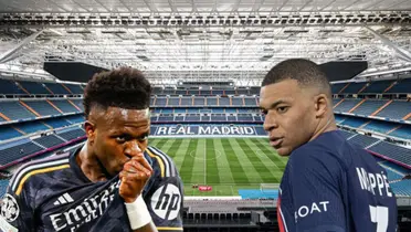 Vinícius Júnior do Real Madrid e Kylian Mbappé do PSG no Estádio Bernabéu.