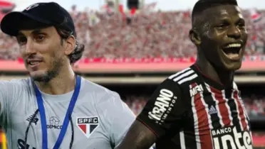 Zubeldia feliz com a camisa do São Paulo e Arboleda feliz com a camisa do São Paulo